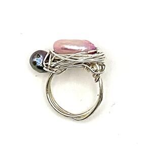 Handmade Artisan Freshwater Pink Pearl Statement Ring Silver Plate Wire Wrapped